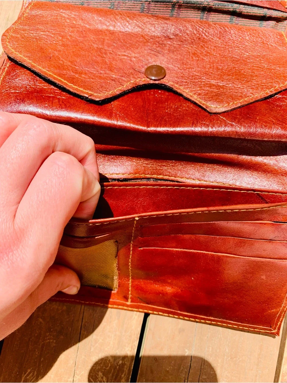 Handwoven Envelope Clutch with Brown Leather Trim in Brown and Red